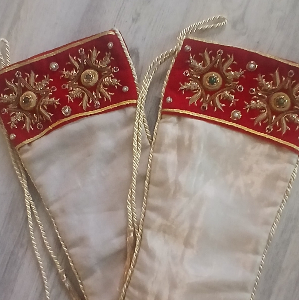 Elegant Sudha Christmas Stockings (2) Burgundy Velvet Gold Gems Brocade